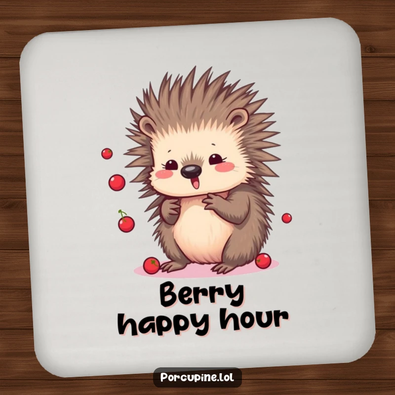 Funny Kawaii Porcupine Drink Coaster: Cute cartoon porcupine juggling small berries, protecting surfaces with playful charm.