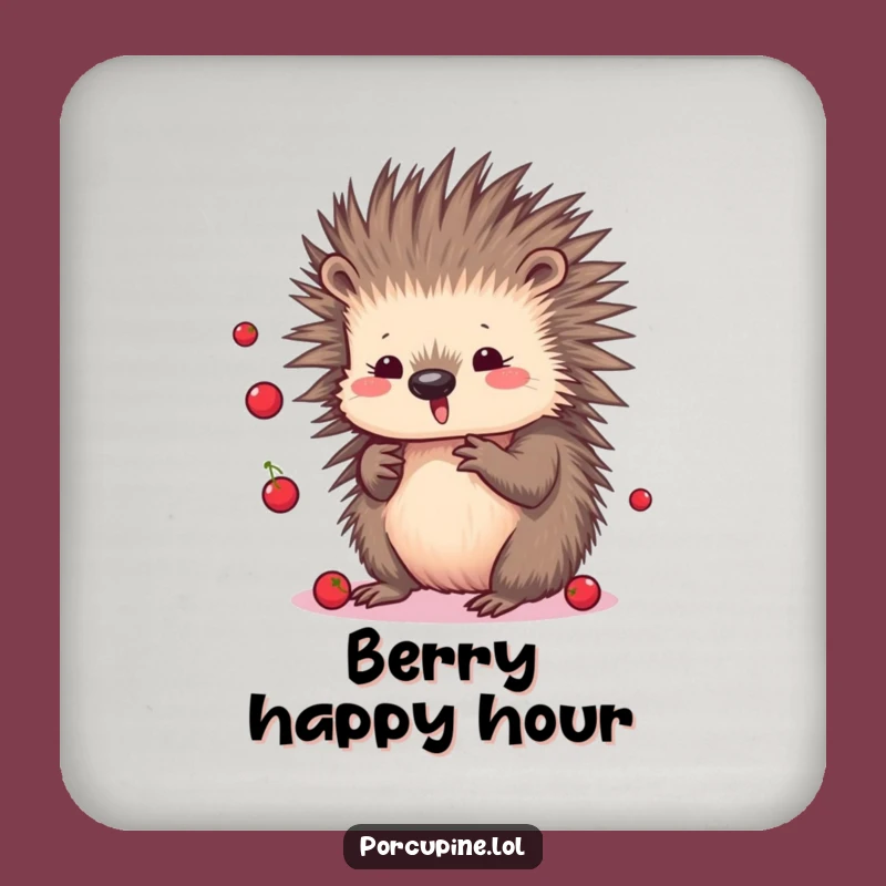 Funny Kawaii Porcupine Drink Coaster: Playful Juggling Berries, Cute Decor