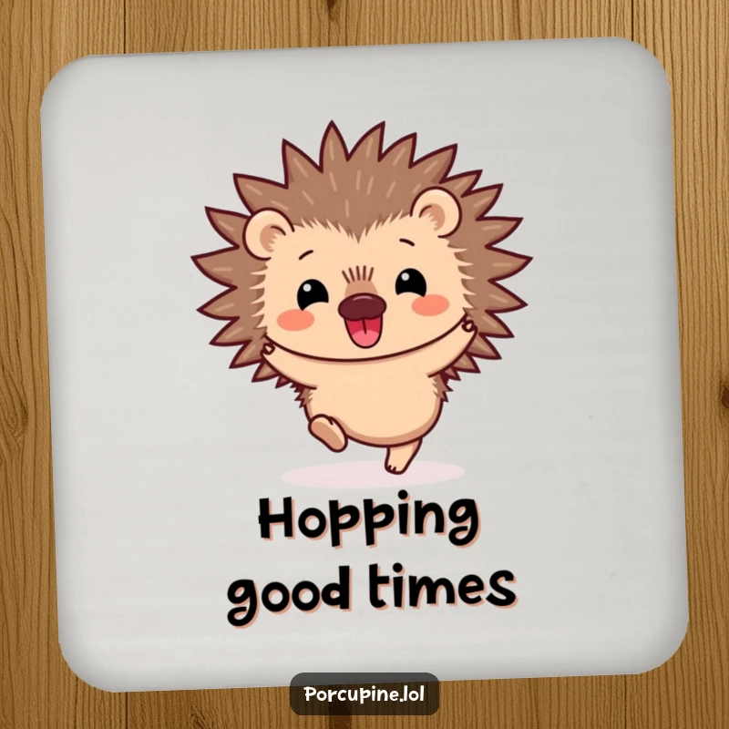 Funny Kawaii Porcupine Coasters: Cute, smiling porcupines doing a happy hop, protecting surfaces with prickly charm and a humorous touch.
