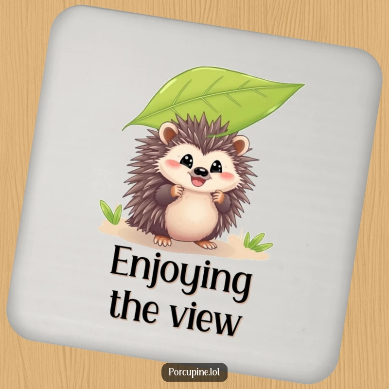 Funny drink coaster featuring a porcupine peeking from behind a leaf with a grin, adding playful humor and protecting surfaces with charm.