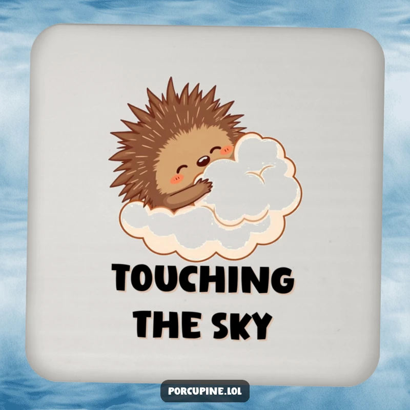 Funny drink coaster art of a porcupine comically hugging a fluffy cloud, adding whimsical humor to your table.