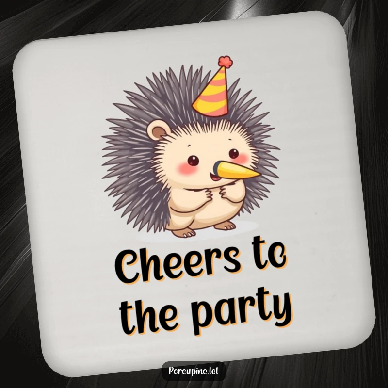 Funny porcupine coaster featuring a porcupine in a party hat blowing a horn, adding festive humor to drink protection.