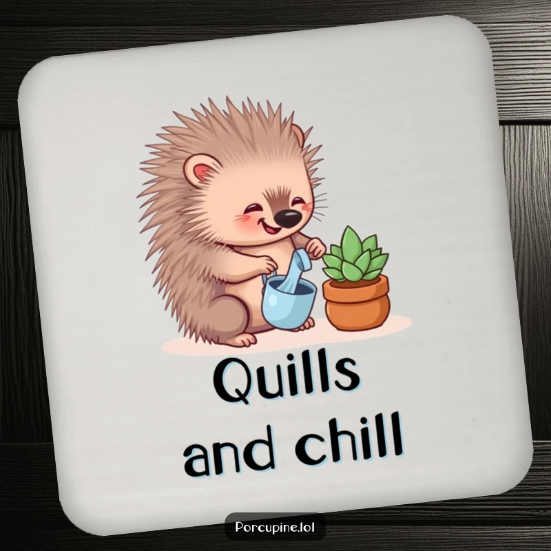 Funny drink coaster with a porcupine happily watering a small succulent, adding humor to any beverage setting.