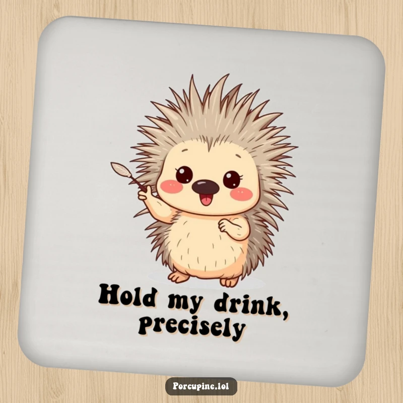 Funny Porcupine Coaster: A protective coaster featuring a porcupine enthusiastically gesturing with one gentle quill, stylish and humorous.