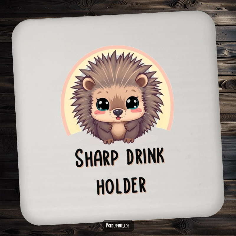 Funny drink coaster showcasing a wide-eyed porcupine peeking through a colorful rainbow, adding humorous protection to tabletops.