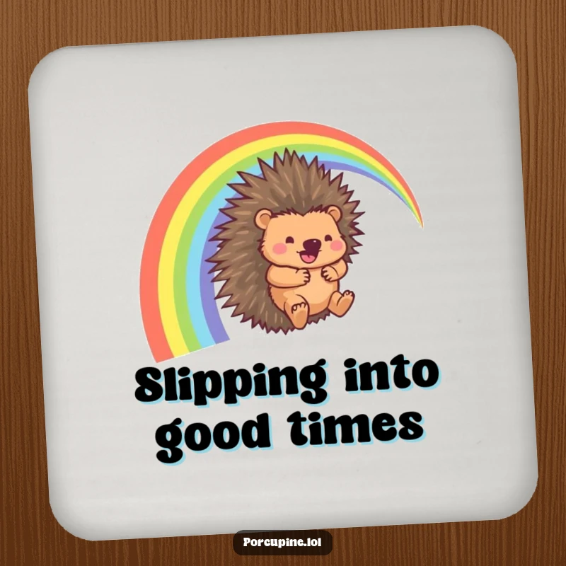 Funny Porcupine Coaster: A protective coaster featuring a porcupine happily sliding down a rainbow arc with a whooshing sound, stylish and humorous.