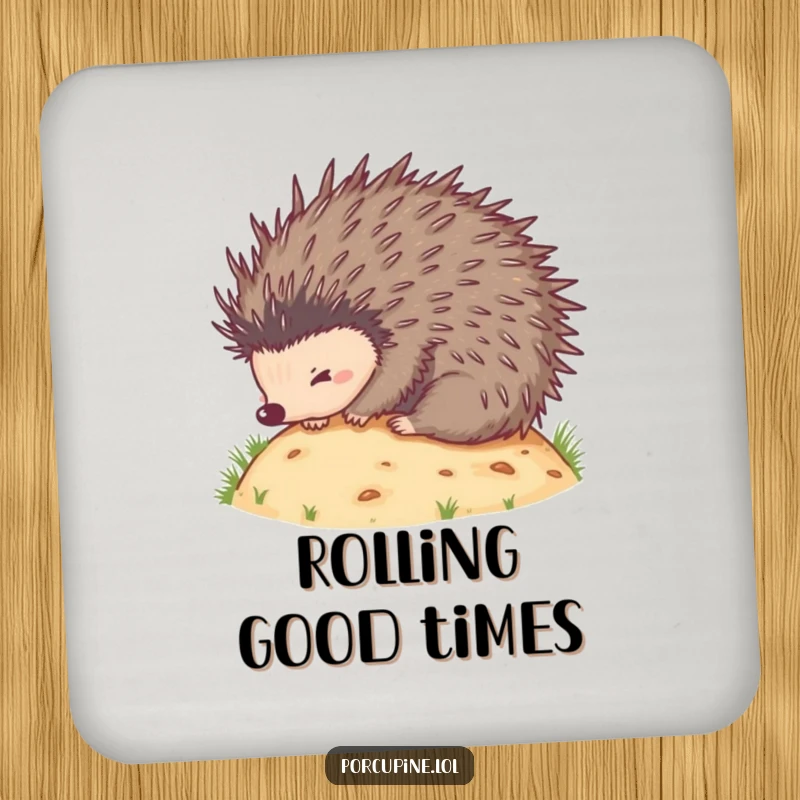 Funny drink coaster featuring a porcupine rolling down a hill, quills spread, offering humorous surface protection.
