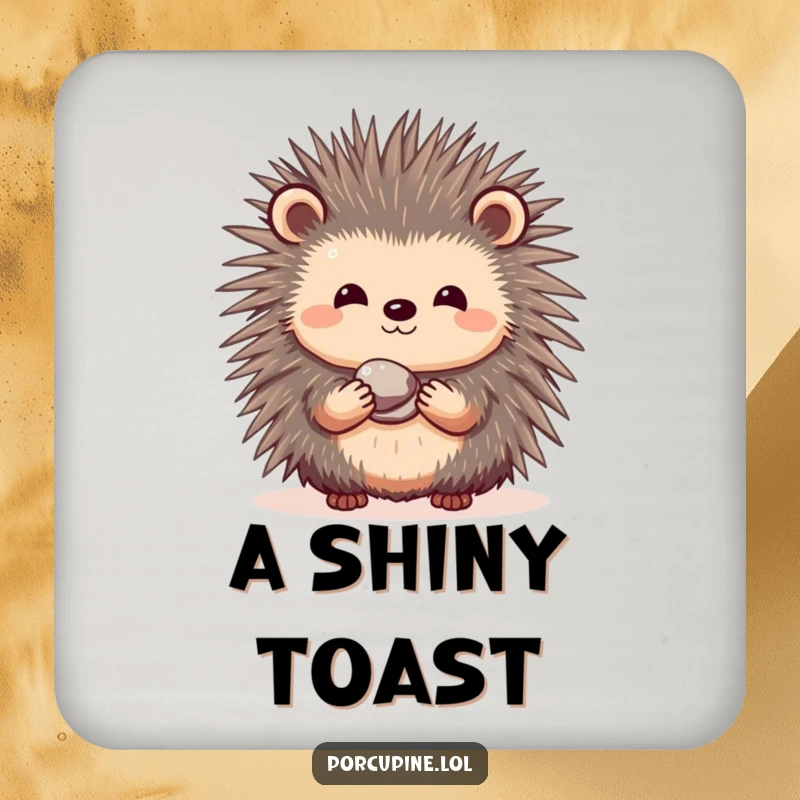 Funny drink coaster with a shy porcupine offering a small, shiny pebble, adding a touch of sweetness.