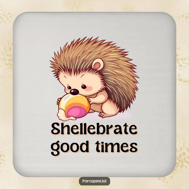 Funny seashell porcupine coaster with a porcupine curiously inspecting a seashell, protecting surfaces with a charming and humorous design.