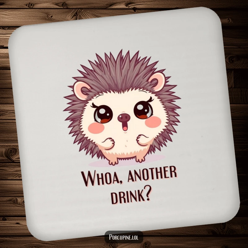 Funny drink coaster featuring a porcupine making a surprising face with wide eyes, adding playful humor and protecting surfaces with comical charm.