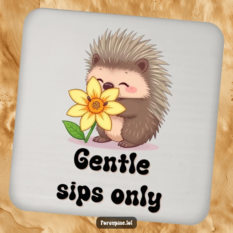 Funny porcupine coaster featuring a porcupine with quills retracted hugging a flower, adding gentle humor to drink protection.