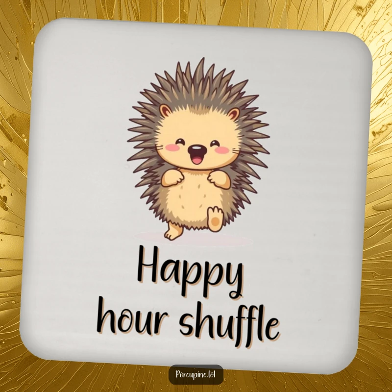 Funny porcupine shuffle coasters featuring a porcupine happily dancing its feet, protecting furniture with cheerful energy and laughter.