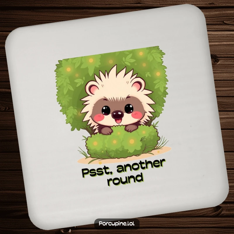 Funny Kawaii Porcupine Drink Coaster: Cute cartoon porcupine with a mischievous grin, peeking from behind a shrub, protecting surfaces.