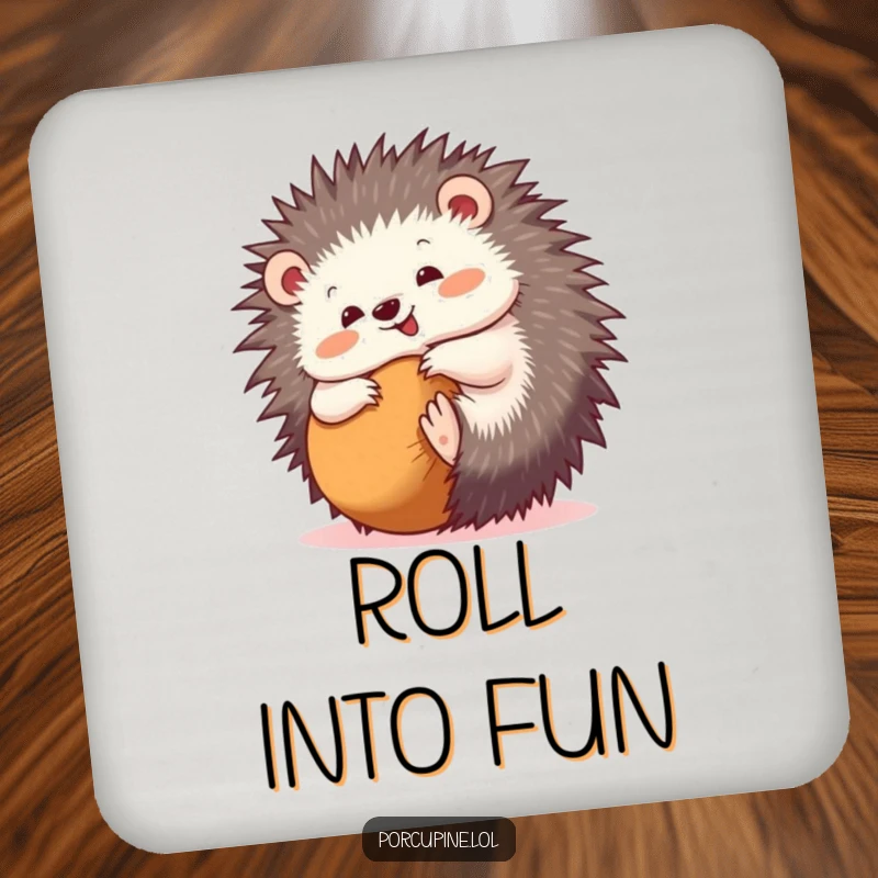 Funny drink coaster with a porcupine playfully rolling into a ball, adding a touch of cute and humorous protection.