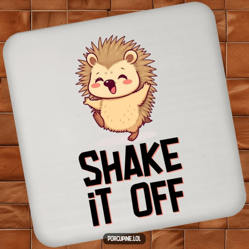 Funny Drink Coaster featuring a porcupine performing an exuberant dance, its hind legs kicking high, bringing a smile to any surface.