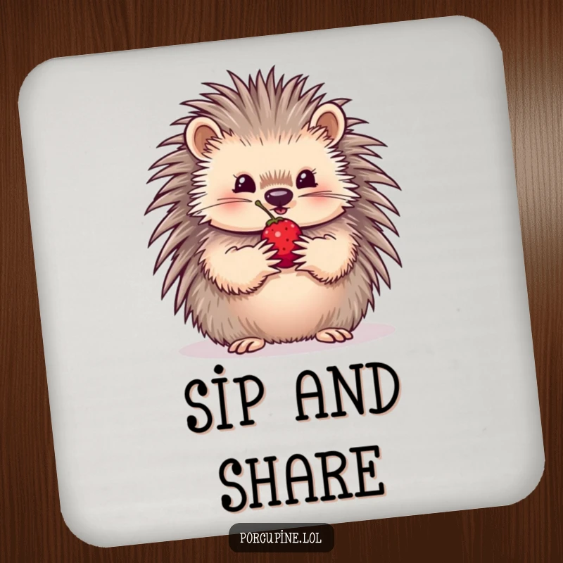 Funny Drink Coaster featuring a porcupine carefully holding a single berry in its paws, offering it with a sweet, gentle expression.