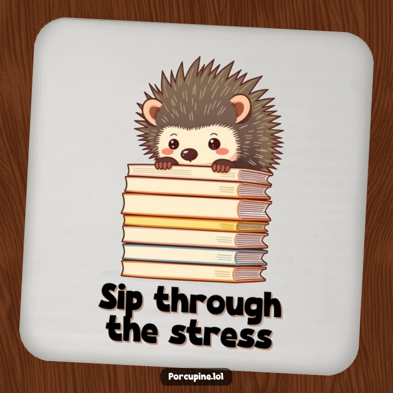 Funny drink coasters depicting a porcupine peeking over a towering stack of files, perfect for a humorous desk accessory.