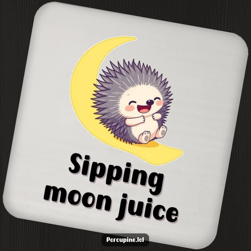 Funny drink coaster showing a porcupine gleefully sliding down a glowing moonbeam, offering humorous protection to surfaces.