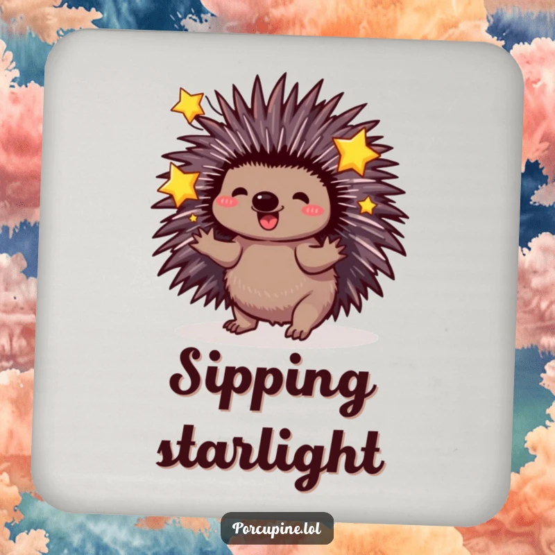 Funny Porcupine Coaster: Porcupine playfully juggles sparkling stars with extended quills, offering protection and funny magic.