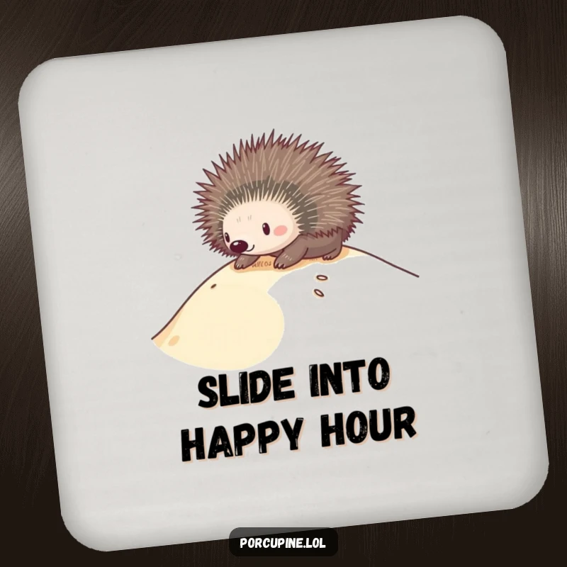 Funny drink coaster featuring a porcupine sliding down a sand dune, adding a humorous and protective element to tables.