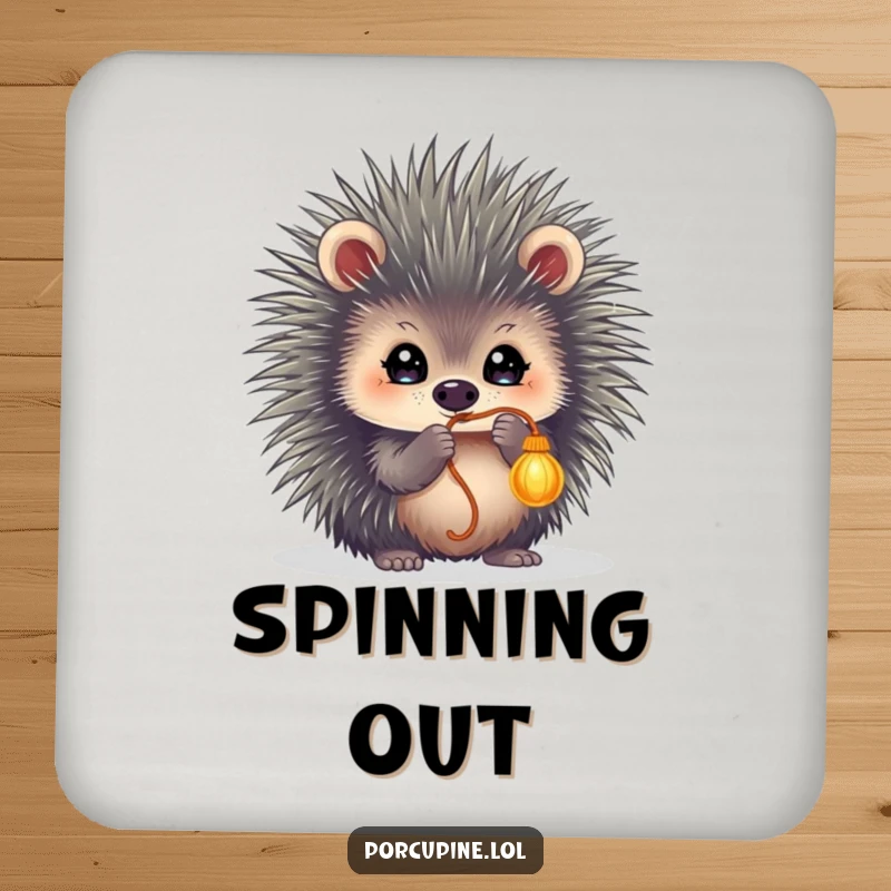 Funny drink coaster featuring a porcupine with sparkling eyes, playfully batting at a dangling string, offering amusing surface protection.