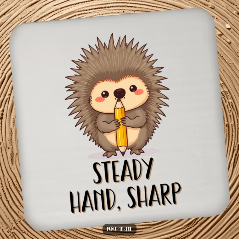 Funny drink coaster featuring a porcupine concentrating intently while balancing a pencil on its nose, adding humor to drinks.