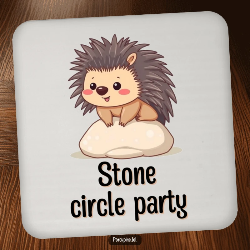 Funny drink coaster featuring a content kawaii porcupine sitting on a smooth stone, a protective and peaceful accessory.