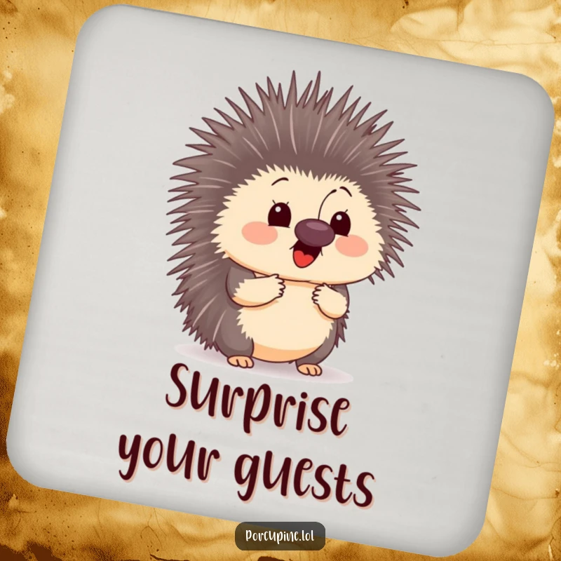 Funny drink coaster art of a surprised porcupine with a butterfly on its nose, adding amusing charm to your table.