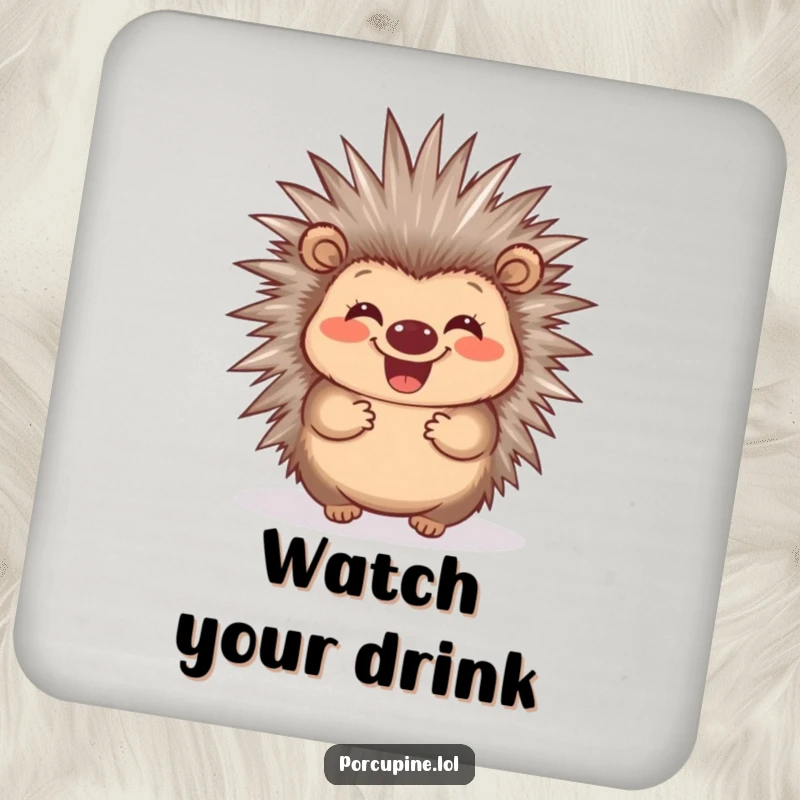 Funny Porcupine Quill Coaster: A porcupine wiggling its quills, guarding your drinks with funny, happy flair.