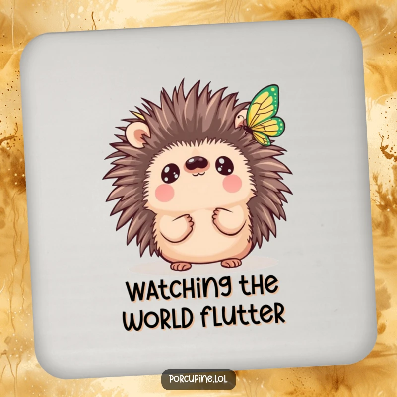 Funny Kawaii Porcupine Coasters: Cute porcupines with wide eyes admire butterflies, offering surface protection with prickly charm and natural humor.
