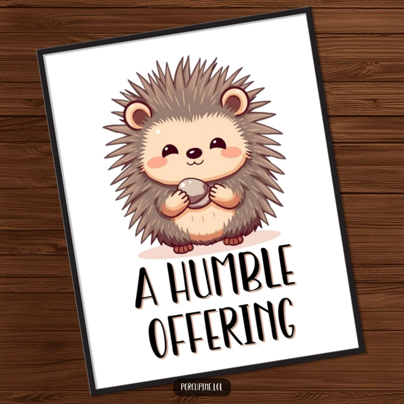 Funny poster artwork of a shy porcupine with a sweet smile, presenting a tiny, shiny pebble as a heartfelt offering.