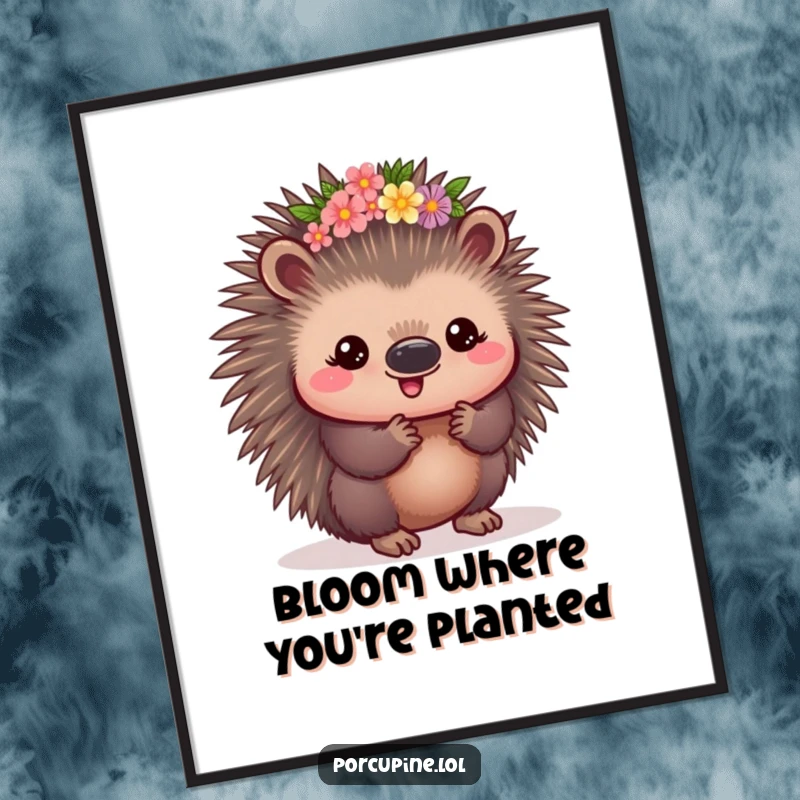 Funny Kawaii Porcupine Poster: A cute porcupine adorned with a flower crown, looking pleased and radiating gentle, prickly happiness.