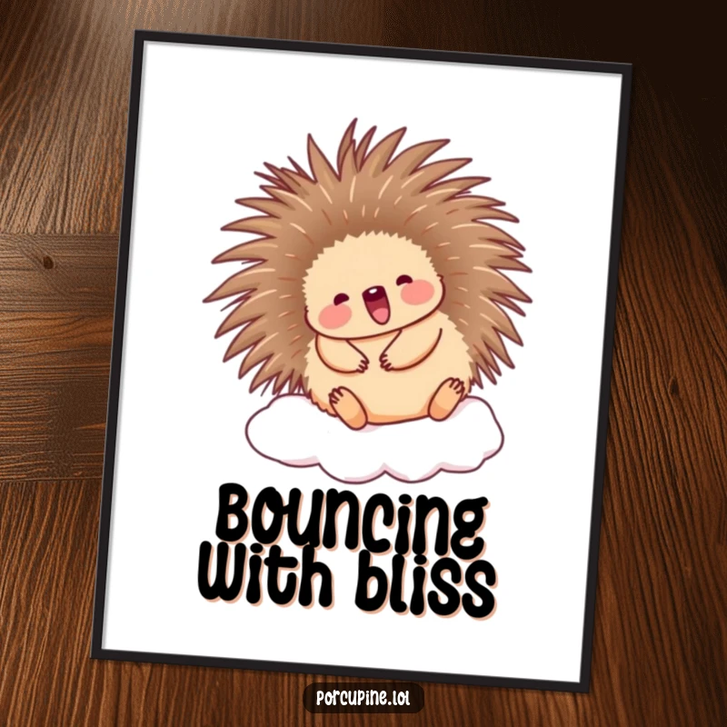 Funny Porcupine Poster: A cute porcupine happily bouncing on a soft cloud, bringing a sense of funny, lighthearted joy.