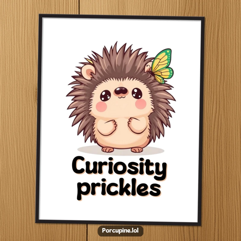 Funny Kawaii Porcupine Poster: A cute porcupine with big eyes is captivated by a delicate butterfly, creating a serene and humorous wall art piece.