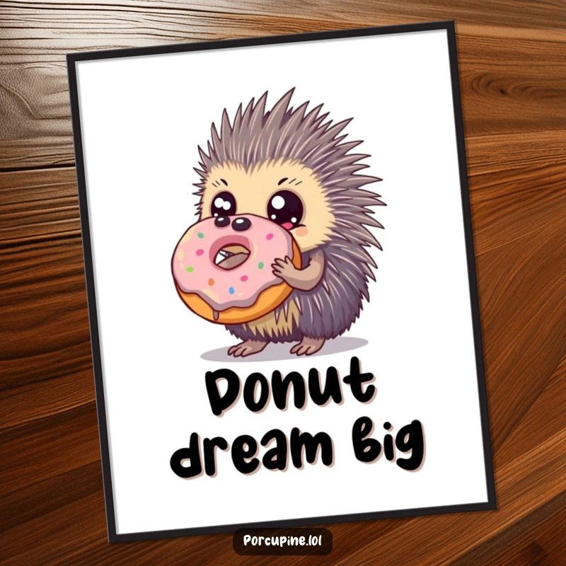 Funny poster featuring a porcupine with massive, expressive eyes holding a giant donut, embodying pure sweet delight.