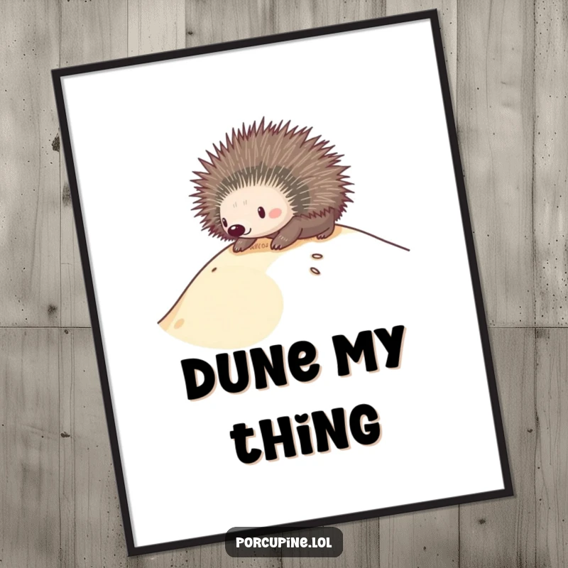Funny poster of a porcupine sliding down a sand dune, capturing a moment of pure, uninhibited joy and adventure.
