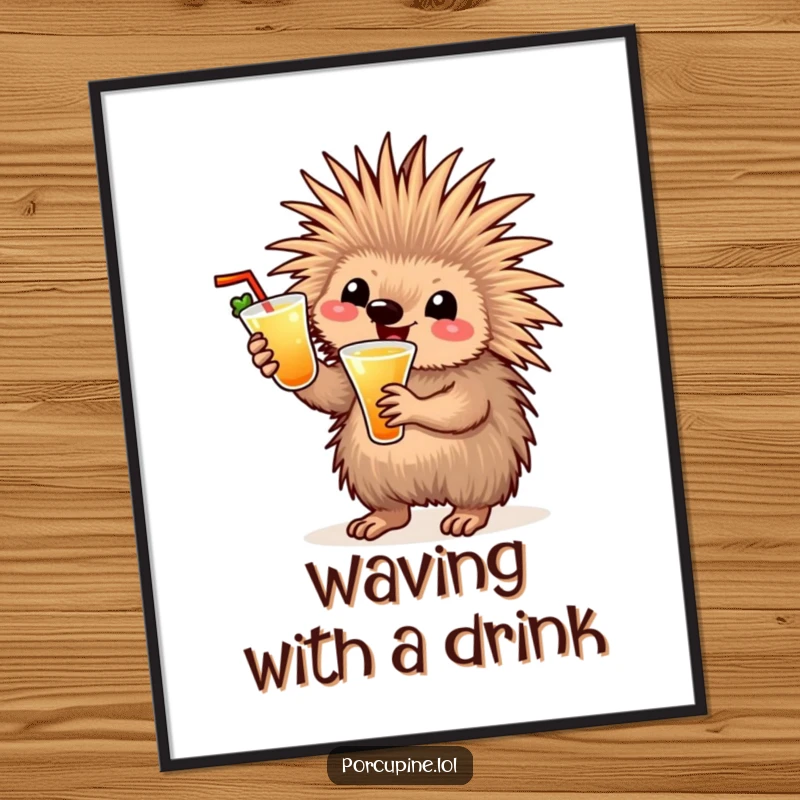 Funny cocktail porcupine poster showing a delightful porcupine with a drink, enthusiastically waving, adding a festive touch to any room.