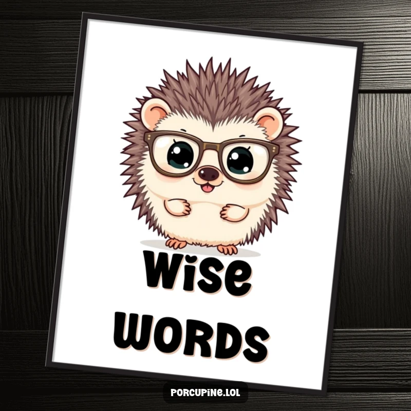 Funny poster of a porcupine wearing oversized glasses and peering curiously, bringing a sense of intellectual charm and humor.
