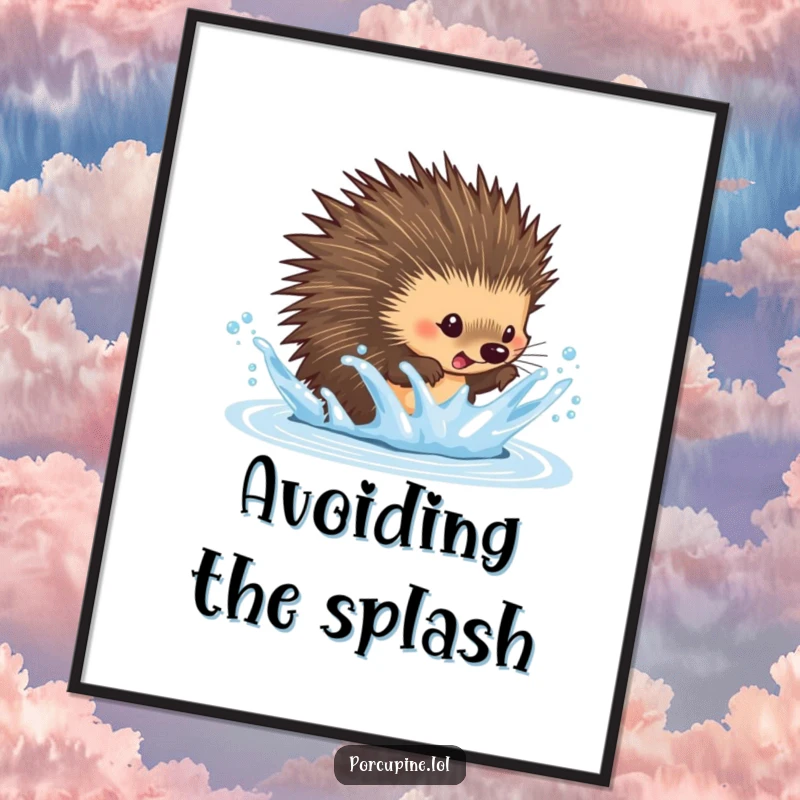 Funny dodging porcupine poster capturing a porcupine playfully leaping away from an incoming water splash, perfect for adding dynamic humor.