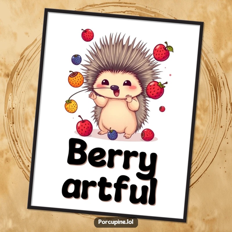 Funny poster of a porcupine juggling colorful berries with its quills, demonstrating impressive skill and adding vibrant humor.