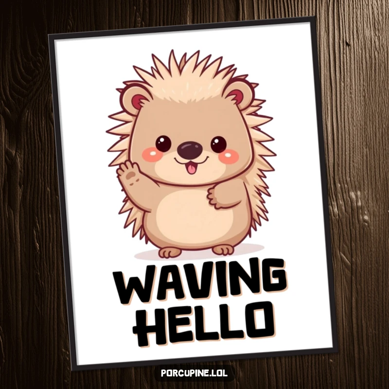 Funny poster of a cheerful kawaii porcupine waving its paw, a design radiating friendliness and humor.