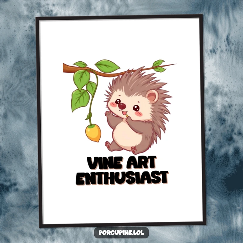 Funny poster showcasing a kawaii porcupine playfully batting at a dangling vine, a charming and humorous piece of wall art.