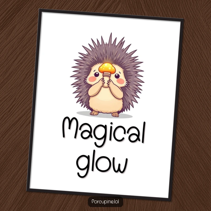Funny poster of a porcupine holding a small, luminous mushroom aloft, bringing a sense of magic, enchantment, and whimsical humor.