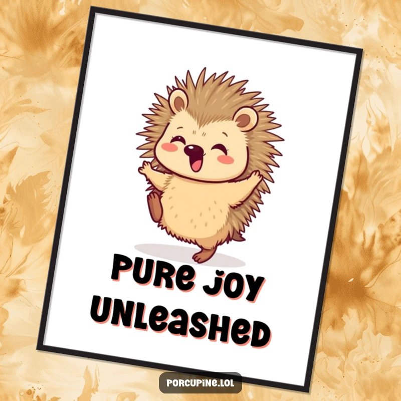 Funny Poster capturing a porcupine in a jubilant dance, back legs kicking rhythmically, embodying pure, unbridled happiness and energy.