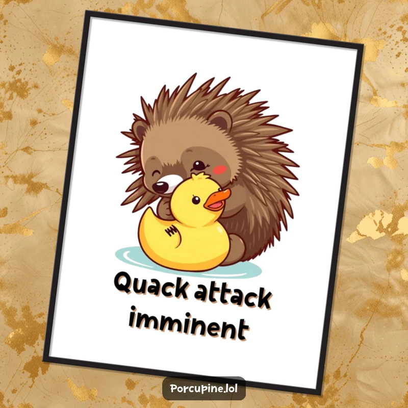 Funny poster of a porcupine playfully poking a rubber ducky, capturing a humorous and charming interaction for wall art.