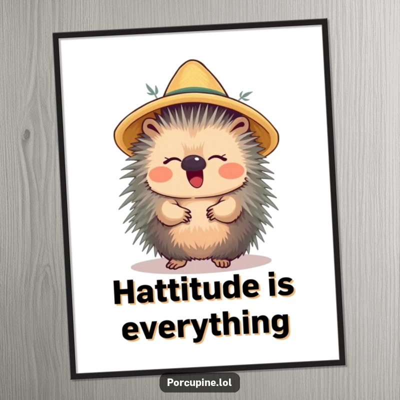 Funny poster of a porcupine wearing a straw hat and giggling, adding a touch of whimsy and joy to any wall.