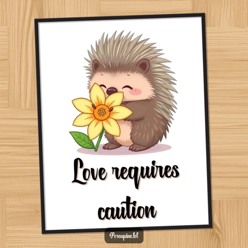 Funny porcupine poster illustrating a porcupine retracting its quills to hug a flower, conveying sweet and humorous tenderness.