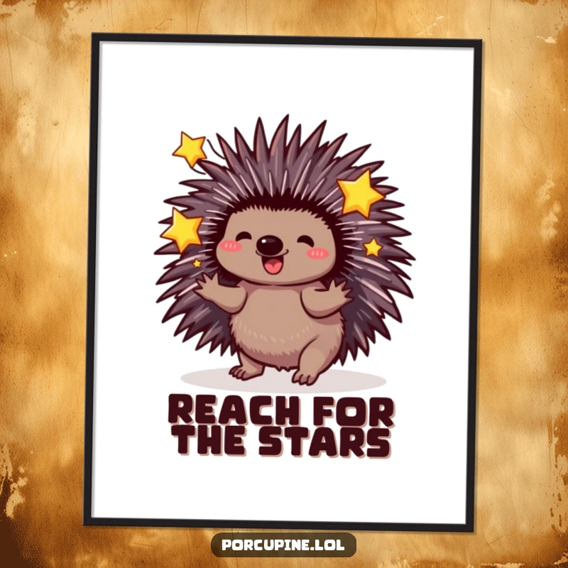 Funny Porcupine Poster: A porcupine with quills extended playfully juggles three sparkling stars, creating a funny, magical display.