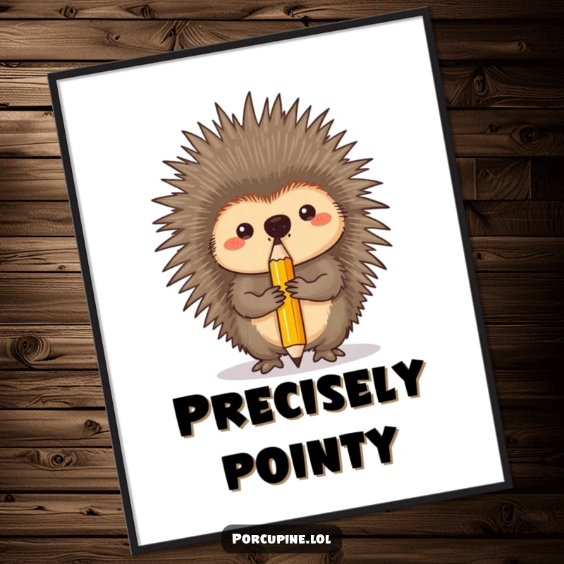 Funny poster art of a porcupine with unwavering concentration, perfectly balancing a single pencil on its nose.