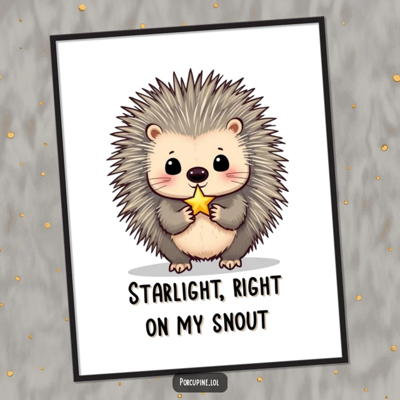 Funny Porcupine Poster: Wall art depicting a porcupine balancing a tiny, shimmering star on its nose with hilarious concentration and grace.